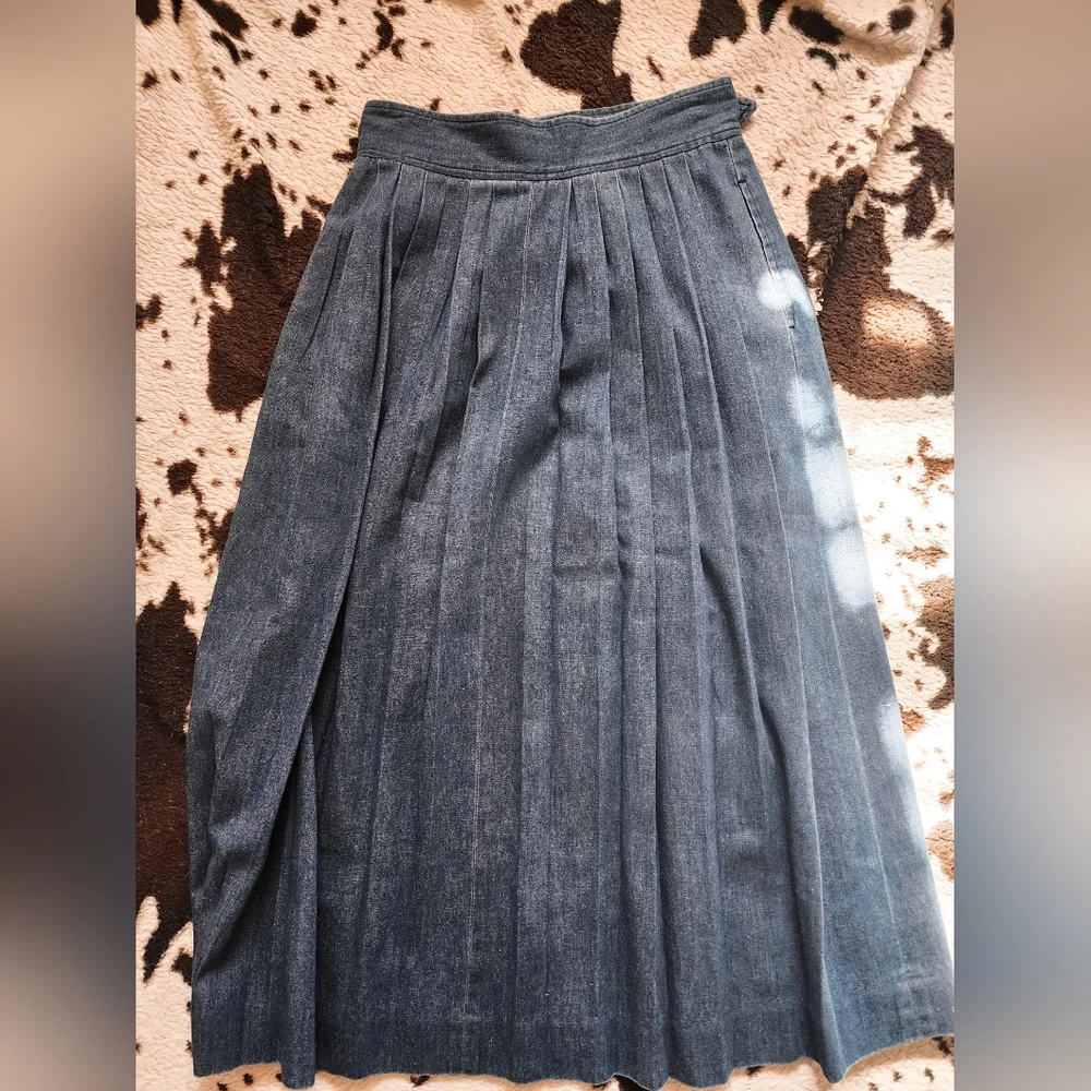 Vintage Blue Pleated Maxi Skirt - Denim A-Line - Picture 3 of 5